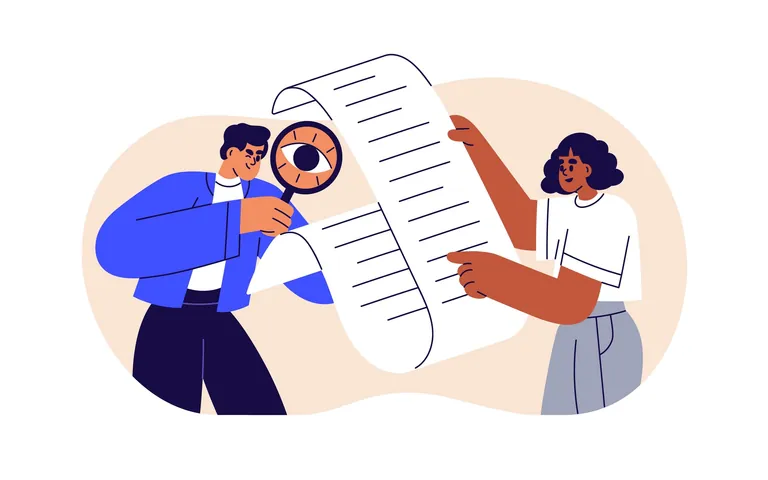 Zwei Personen analysieren einen Vertrag mit der Lupe