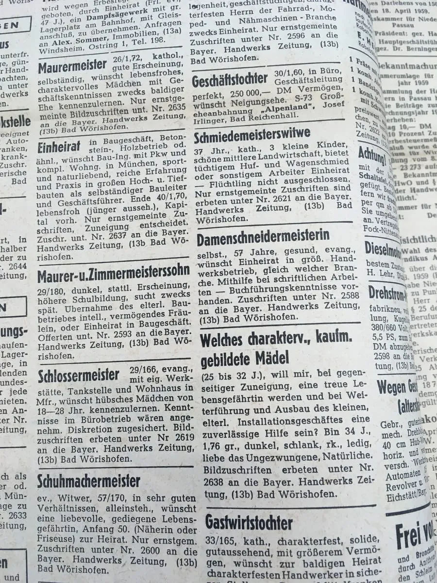 Alte Heiratsanzeigen aus der Deutschen Handwerks Zeitung