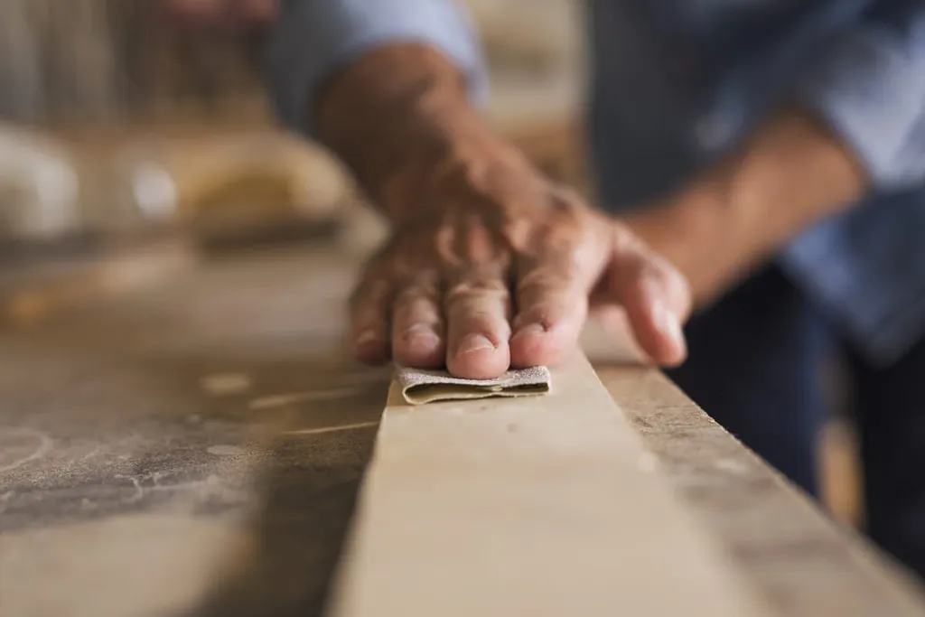 M&auml;nnerhand schleift Holz.
