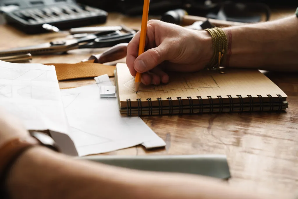 Handwerker zeichnet Skizze