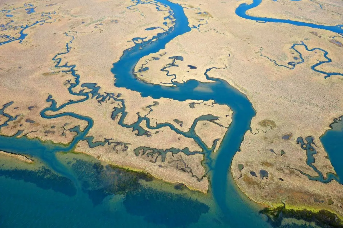 Spain, Andalusia, Punta Umbria, Marismas del Odiel, aerial view