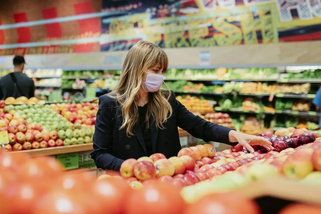Frau tr&auml;gt Maske im Supermarkt