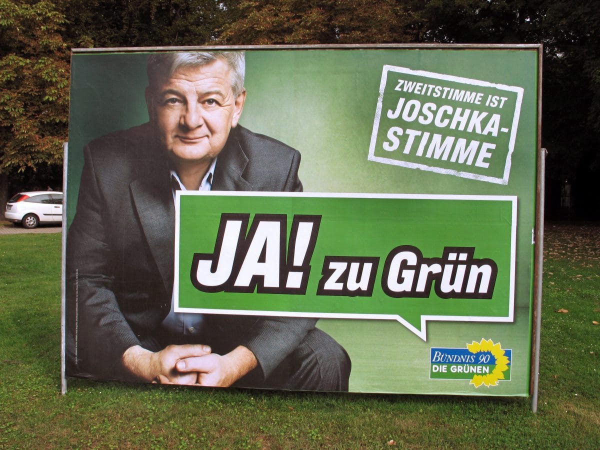 Joschka Fischer mit dem Slogan "Ja! zu Grün"