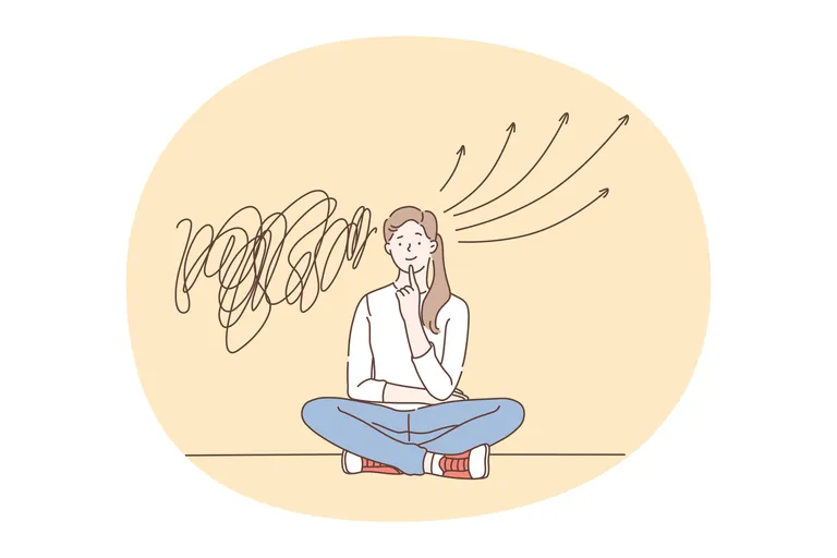 Grafik: Junge Frau, hockend auf dem Boden, denkt nach.