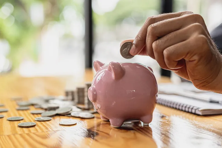 Hand steckt M&uuml;nze in Sparschwein.