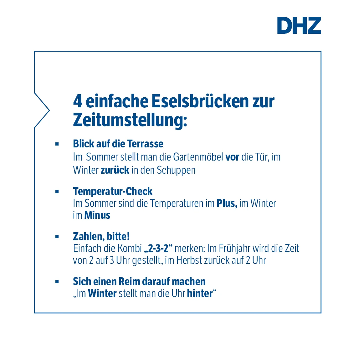 &Auml;nderungen im M&auml;rz 2022, Kachel mit Eselsbr&uuml;cken zur Zeitumstellung.