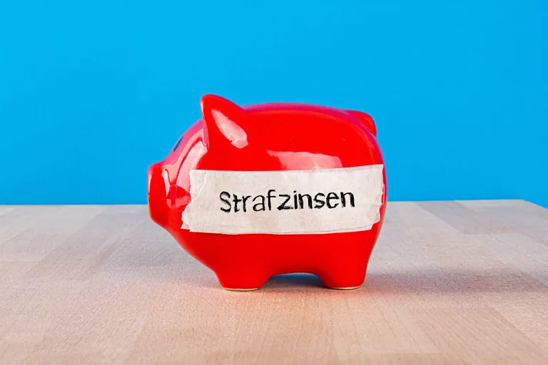 Rotes Sparschwein mit Aufschrift Strafzinsen.