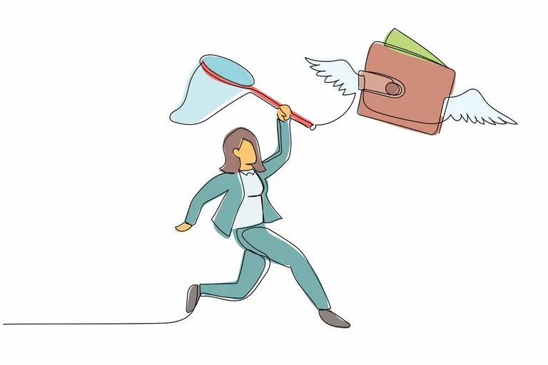 Strichzeichnung eine Frau jagt Geldbeutel mit Kescher.