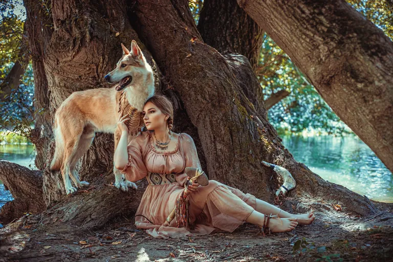 Mensch mit Wolf vor Baum