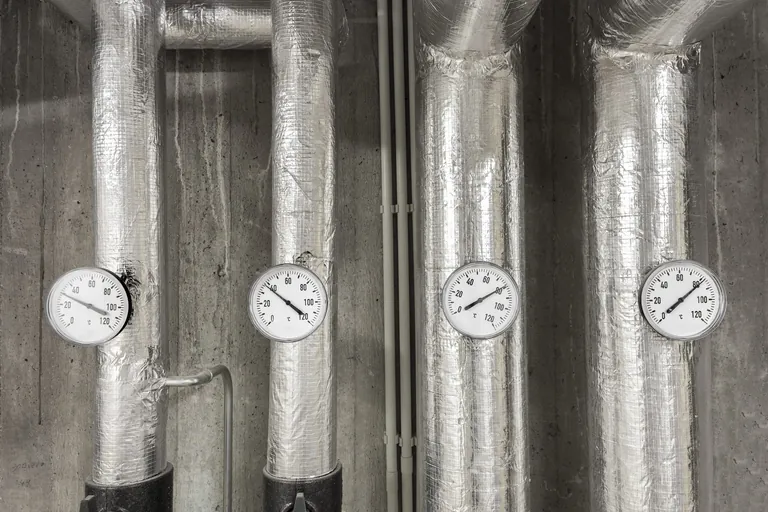 Vier Heizungsrohre mit Temperaturanzeige.