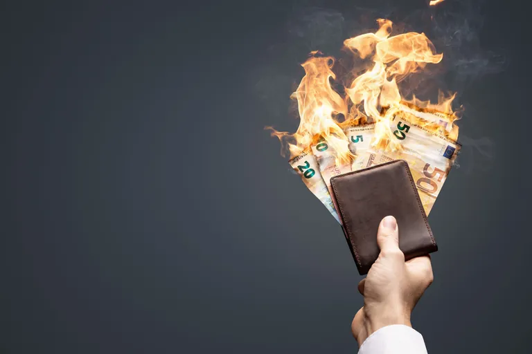 Hand h&auml;lt Geldb&ouml;rse mit brennenden Scheinen.