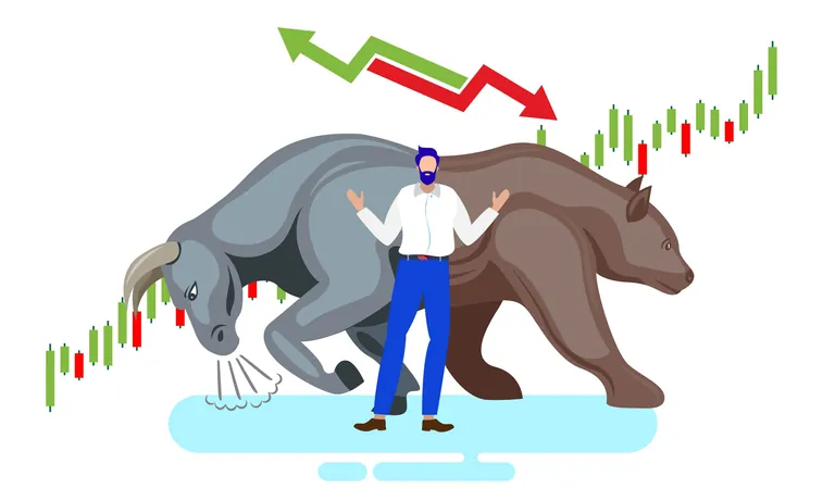 Gesch&auml;ftsmann mit Bullen und B&auml;ren. Grafik symbolisiert B&ouml;rsenm&auml;rkte.