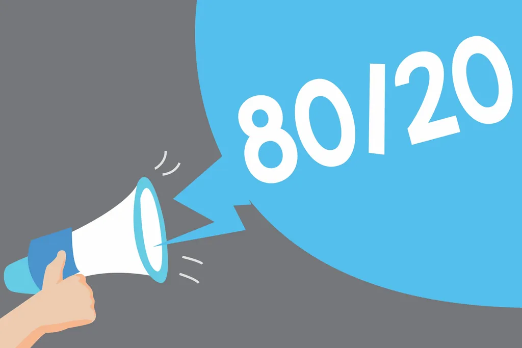 Illustration: Lautsprecher und Sprechblase mit Inschrift "80/20" (Pareto-Prinzip)