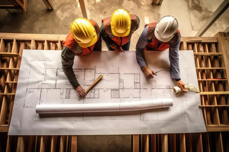 Drei Bauarbeiter schauen auf einen Bauplan