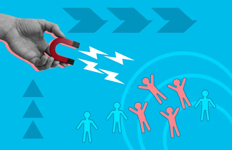 Bildcollage: Hand mit Magnet zieht Pappm&auml;nnchen an (Symbolbild Mitarbeitermagnet).