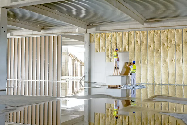 Handwerker errichten Trockenwand