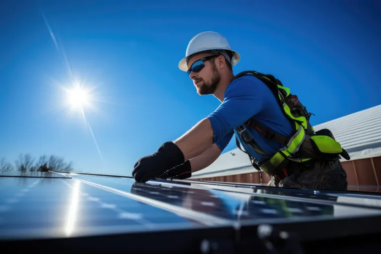 Handwerker arbeitet mit Sonnenbrille auf dem Dach
