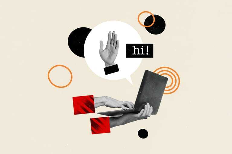 Collage. Hände, Wort "Hi", Laptop.