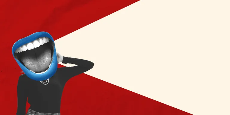 Collage, Frau mit großem Mund statt Kopf.