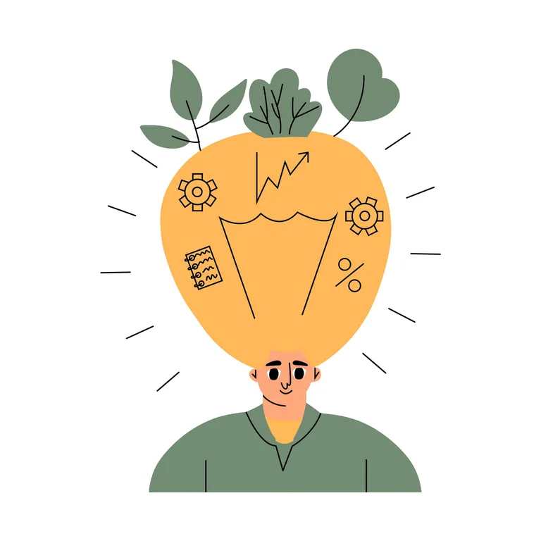 Illustration: Mann mit Gl&uuml;hbirnenkopf. Thema Nachhaltigkeit.