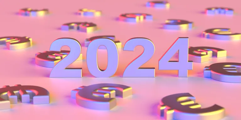 2024- und Euro-Zeichen, 3D-Rendering, rosa Hintergrund.
