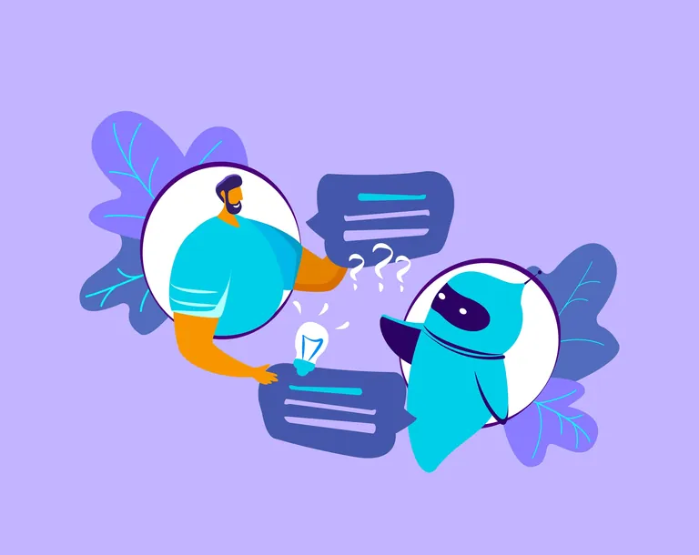 Illustration Mann stellt Anfrage an Chatbot.