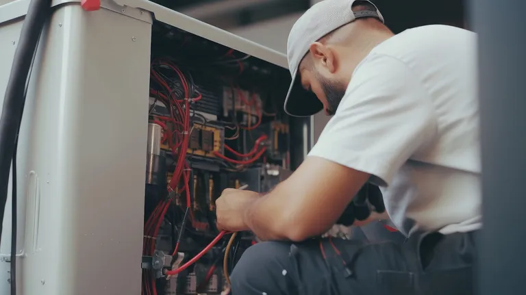 Installateur repariert Wärmepumpe.