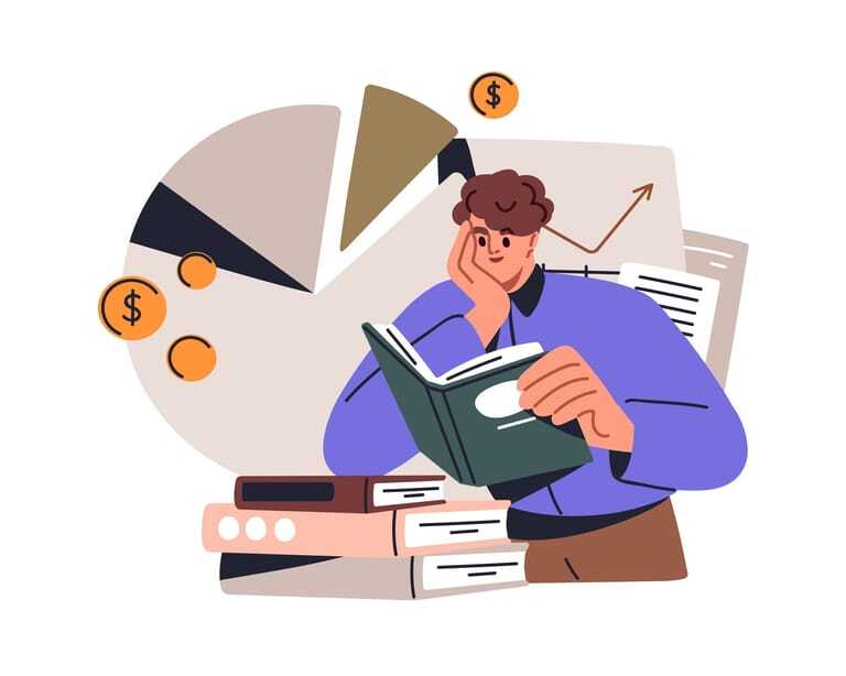 Illustration eines Mannes, der B&uuml;cher &uuml;ber Geldanlage liest.