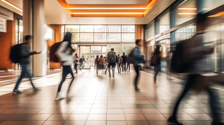 Sch&uuml;ler gehen durch Schulhalle.