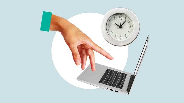 Collage: Hand, Laptop und Uhr.