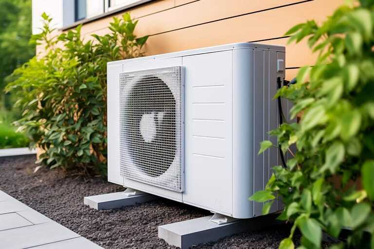 W&auml;rmepumpe vor einem Haus