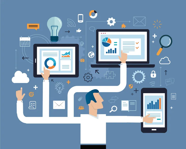 Illustration: Mann tippt auf Bildschirme. Aktien.