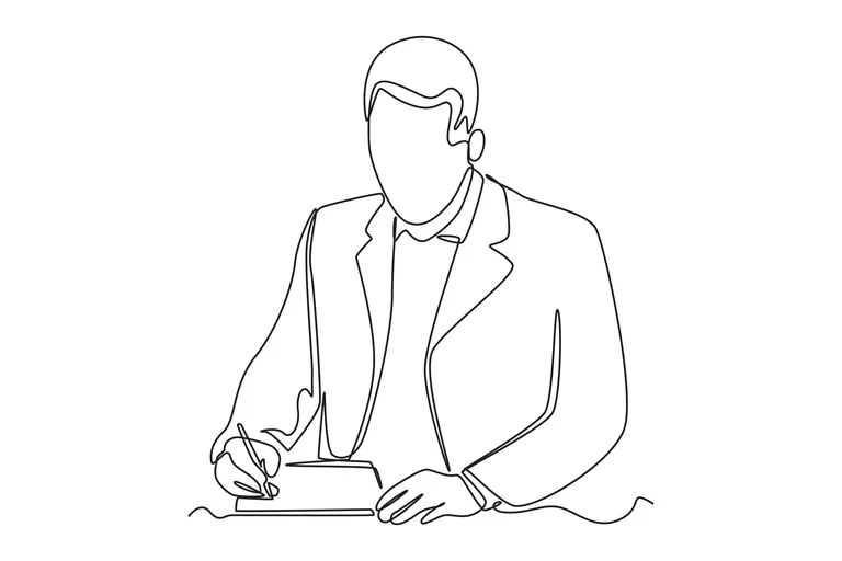 Strichzeichnung eines schreibendes Unternehmers.