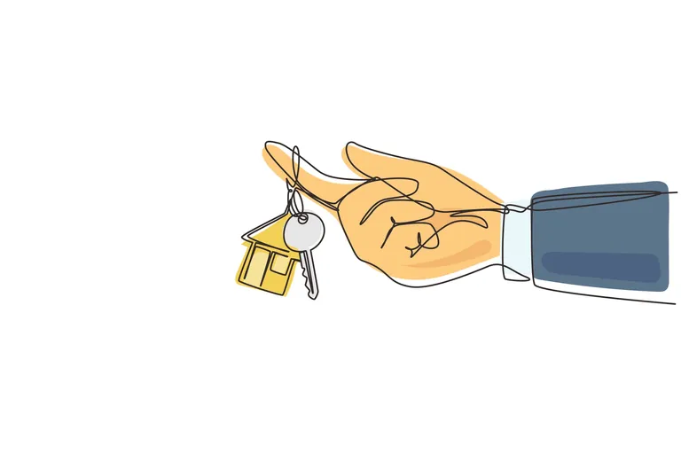 Zeichnung einer Hand mit Schl&uuml;ssel und Haus-Anh&auml;nger.