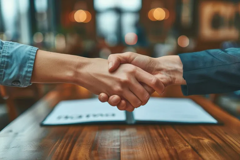 Zwei Personen schlie&szlig;en Vertrag mit Handschlag