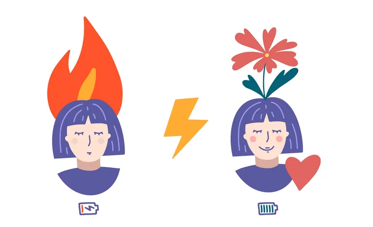 Illustration: Frau mit Burnout und Frau mit neuer Kraft.