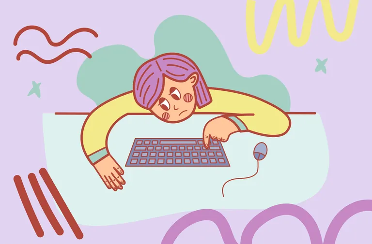 Illustration: &Uuml;berforderte Frau sitzt am Pc.