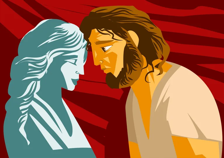 Grafik: K&ouml;nig Pygmalion und weibliche Statue, Pygmalion-Effekt.