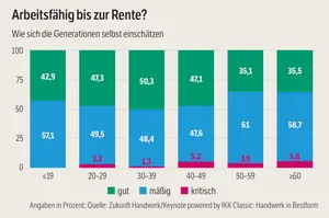 Grafik mit S&auml;ulen zur Selbsteinsch&auml;tzung, ob man arbeitsf&auml;hig ist bis zur Rente.