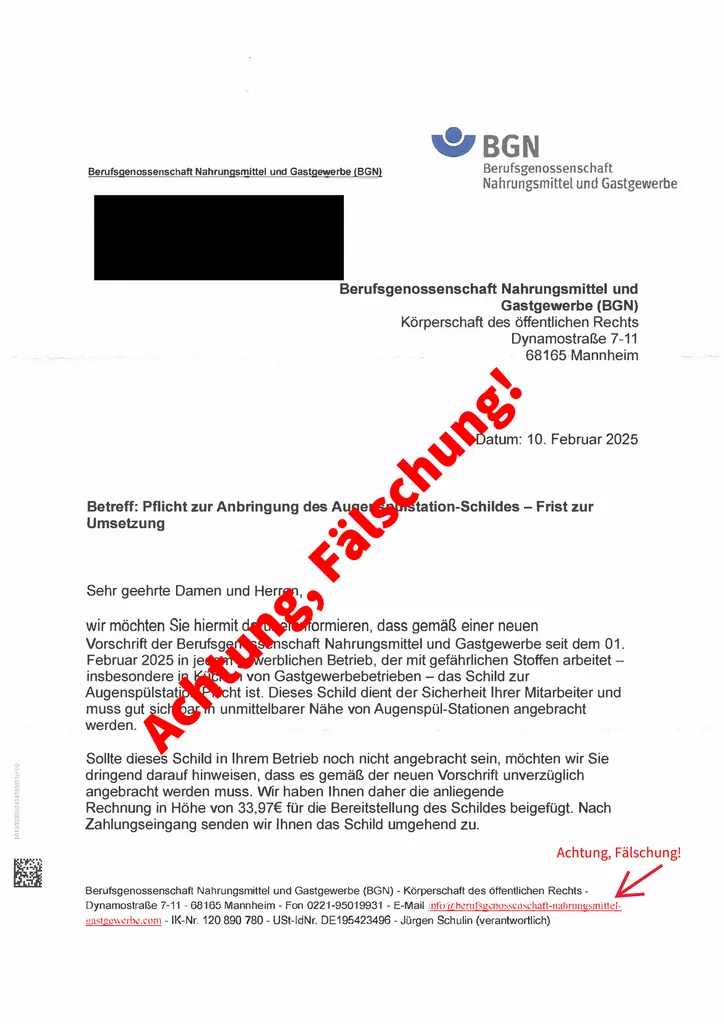 So sieht eines dieser betr&uuml;gerischen Schreiben aus - gut zu erkennen an der falschen Emailadresse.