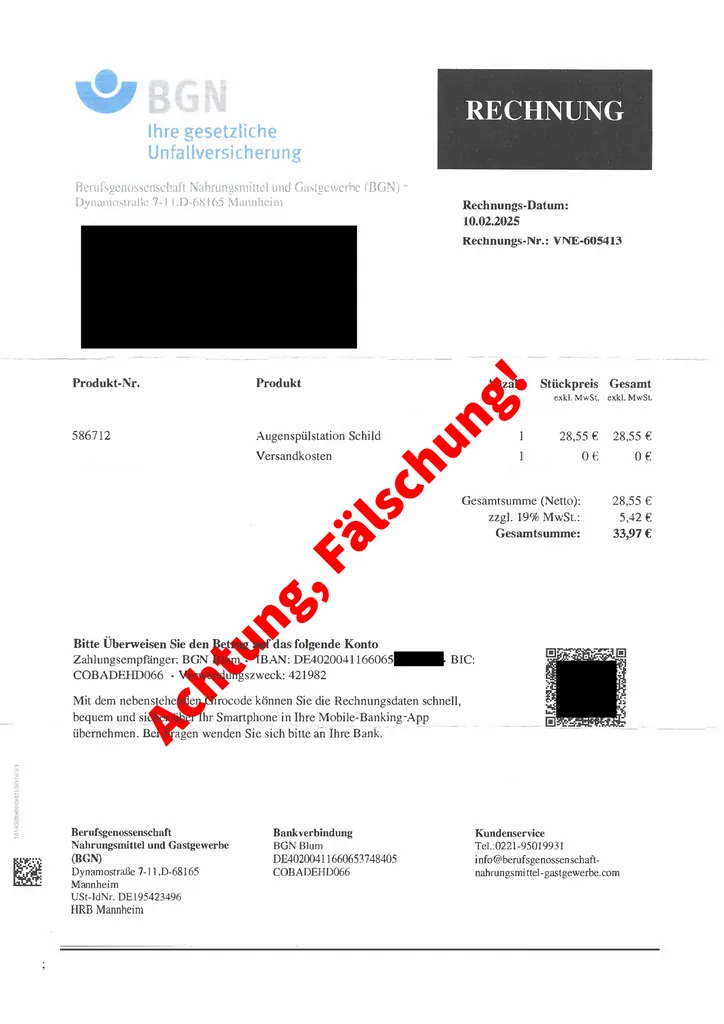 Auch die beigef&uuml;gte Rechnung ist eine F&auml;lschung.