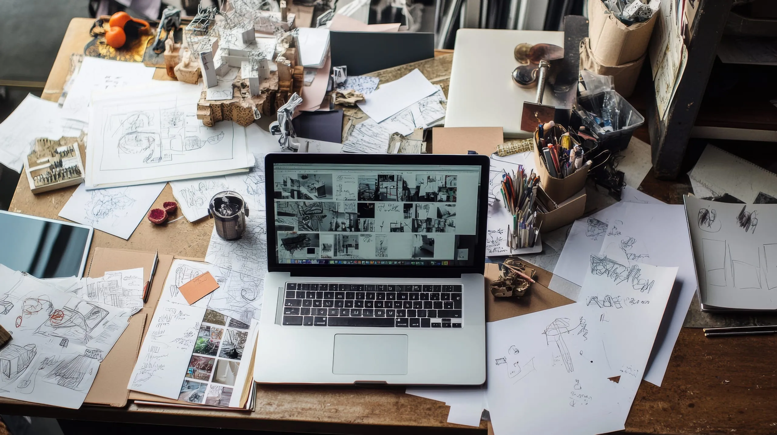 Laptop auf einem Schreibtisch, umgeben von Papierskizzen