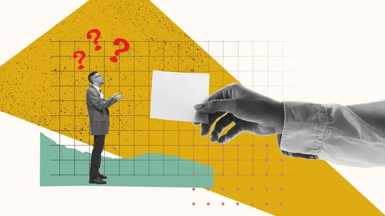 Frauenhand gibt einem kleinen Mann einen gro&szlig;en Zettel in einer kunstvollen Collage