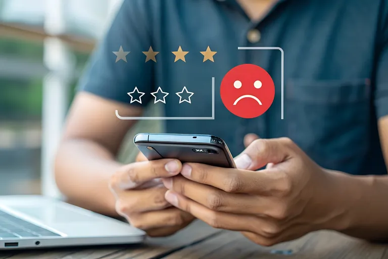 Mann mit Handy gibt negatives Feedback