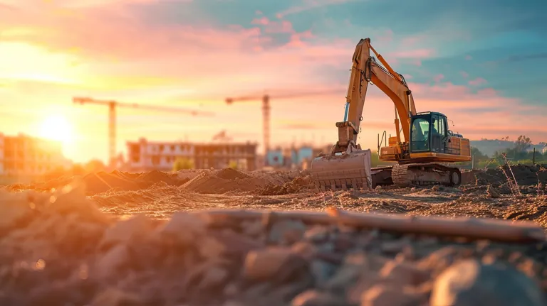 Bagger auf Baustelle in Sonnenuntergang