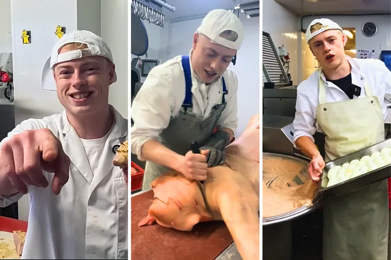 Metzger Timo Rögele in einer Collage beim Zerlegen, Wursten, Pökeln