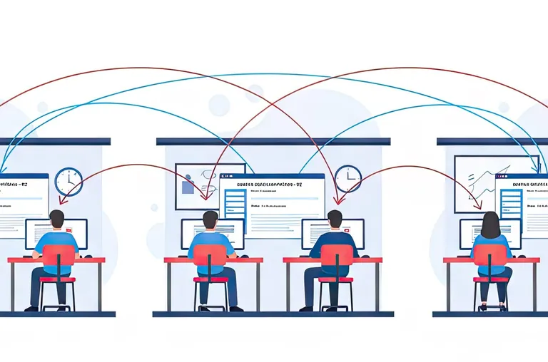 Illustration mit mehreren Personen, die f&uuml;r eine Gesellenpr&uuml;fung an vernetzten Rechner sitzen.