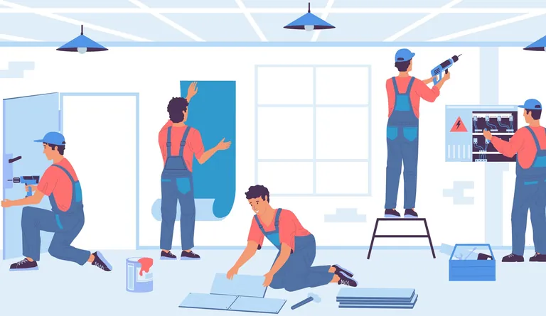 Illustration Handwerker f&uuml;hren Renovierungsarbeiten durch. Professionelle Bauarbeiter kleben Tapeten oder verlegen Fliesen. Elektriker arbeiten