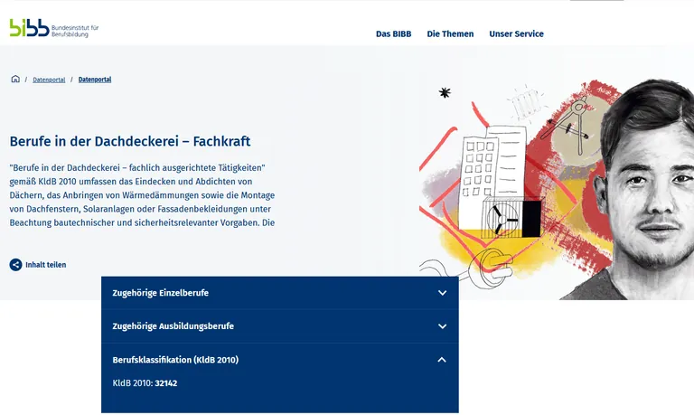 Screenshot der Seite f&uuml;r Dachdecker im Berufe- und Kompetenzradar