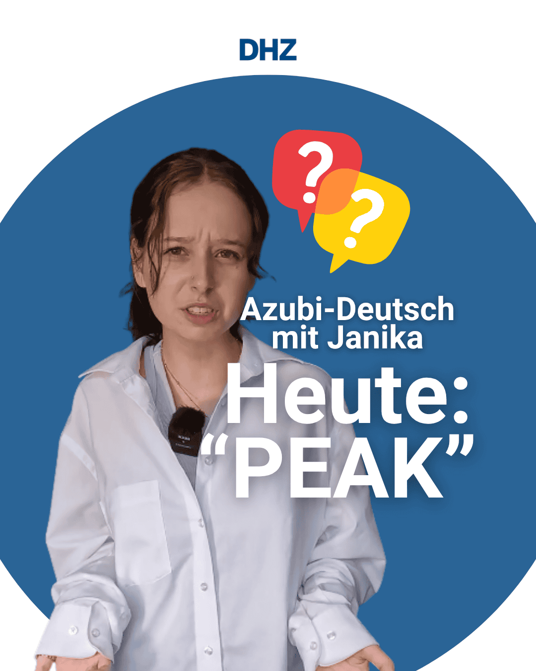 Volontärin Janika mit Schriftzug Azubi-Deutsch mit Janika: Heute "Peak"